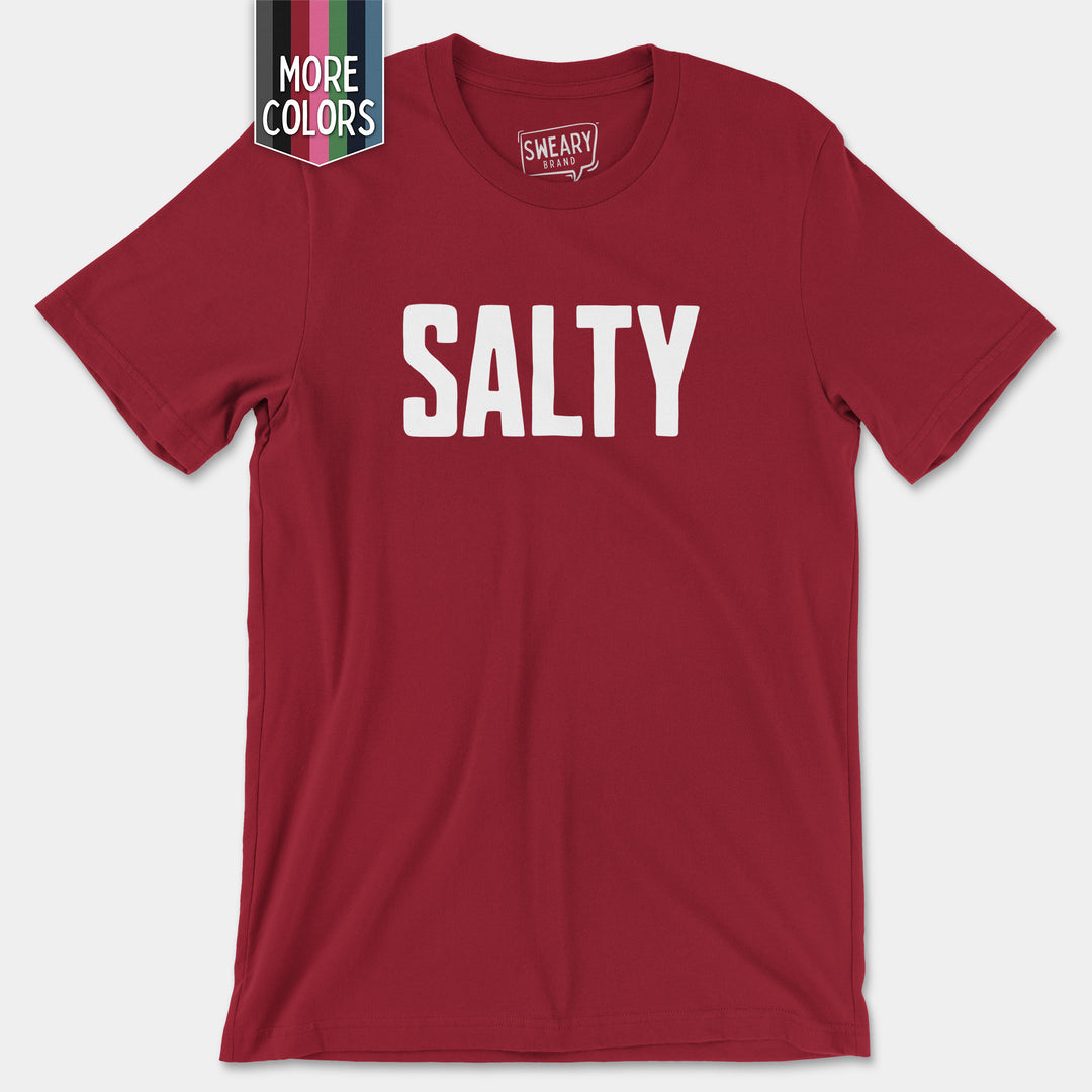 a red t - shirt with the word salty printed on it