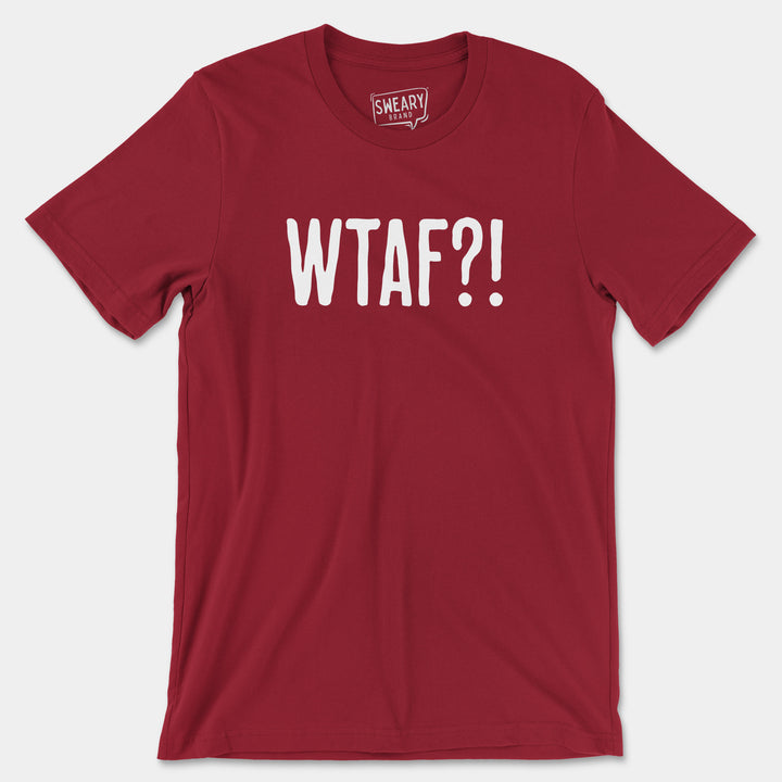 Sweary Brand funny red short sleeve t-shirt with WTAF?! in white sans serif text