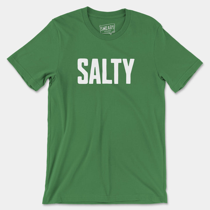 a green t - shirt with the word salty printed on it