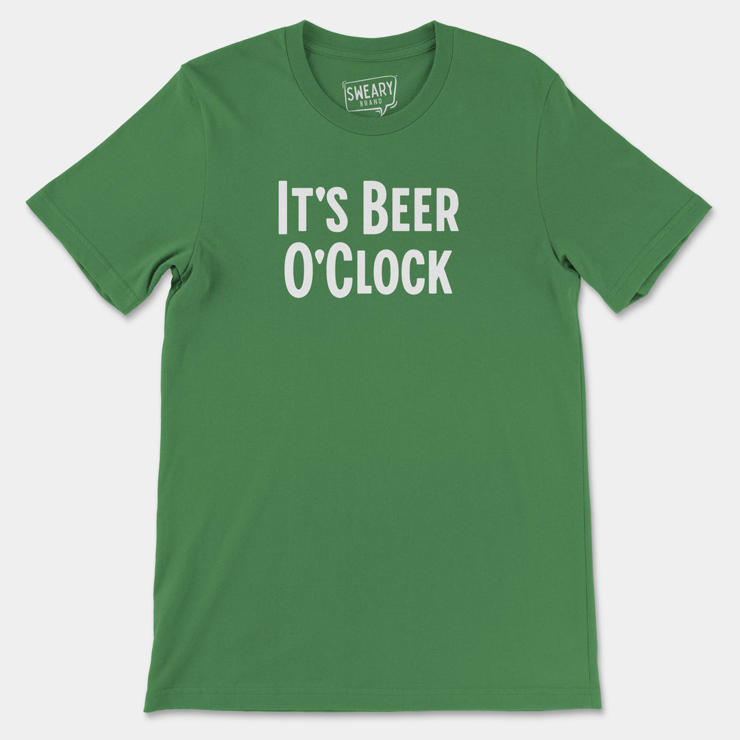 a green t - shirt that says it's beer o'clock