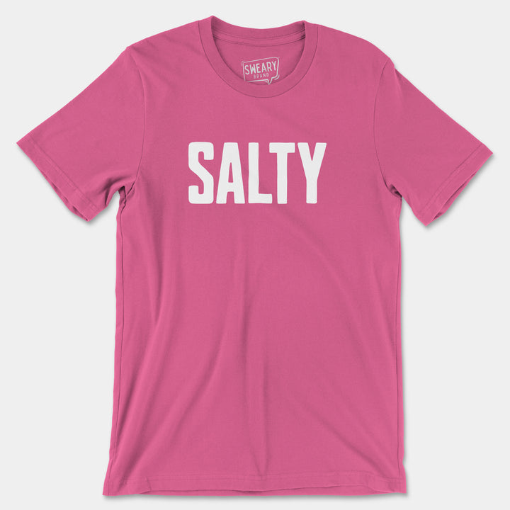 a pink t - shirt with the word salty printed on it