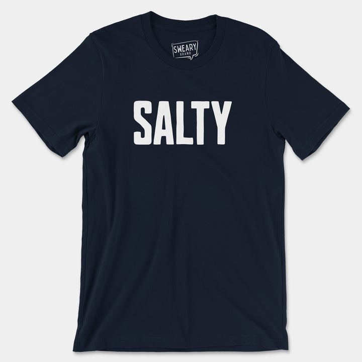 a navy t - shirt with the word salty printed on it