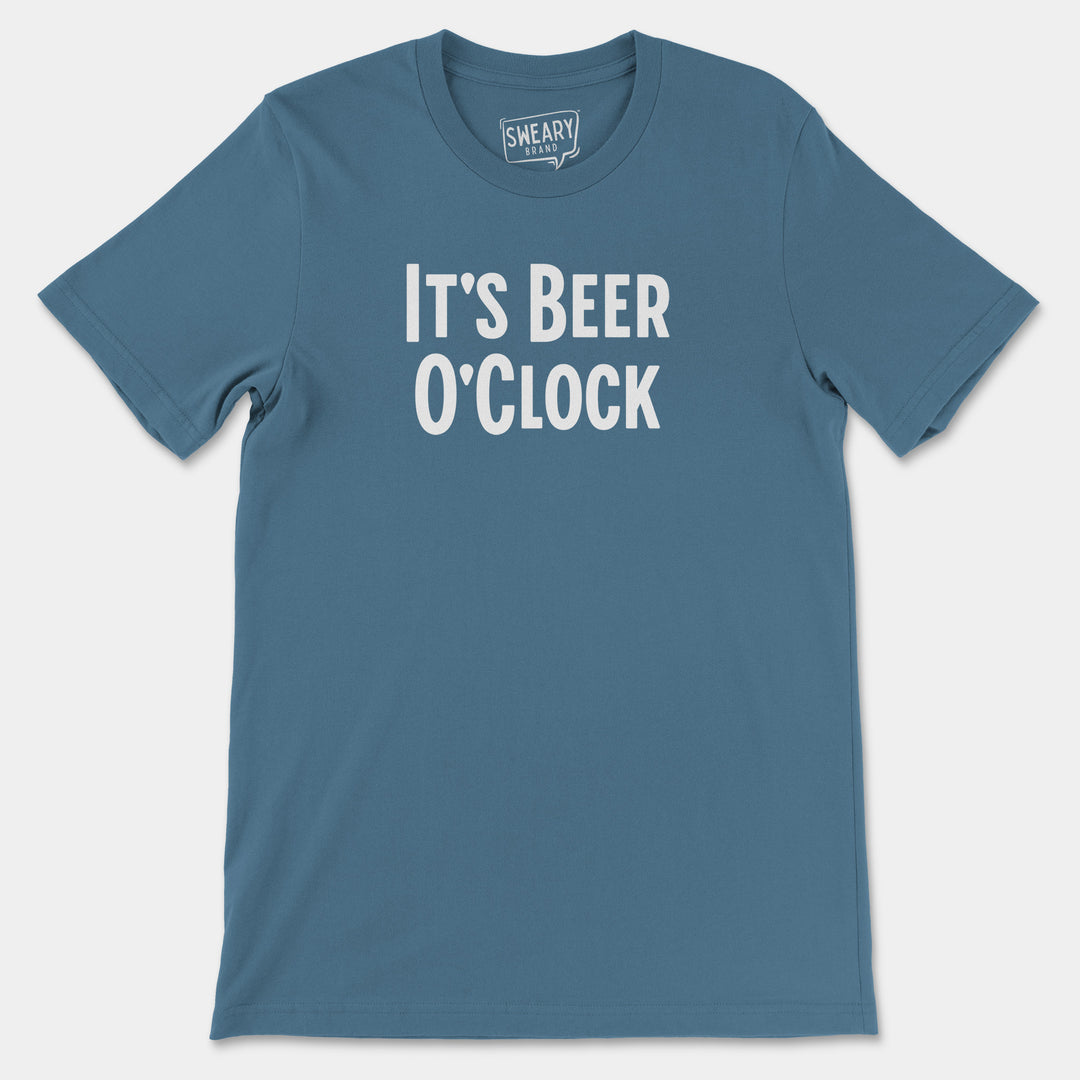 a blue t - shirt that says it's beer o'clock