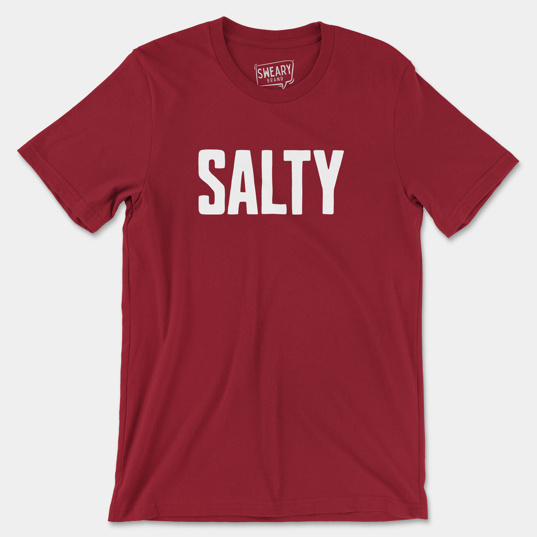 a red t - shirt with the word salty printed on it