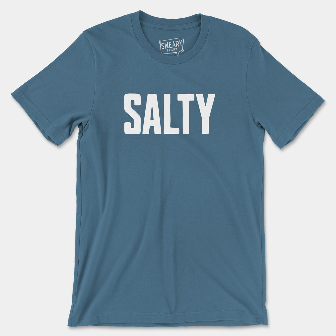 a blue t - shirt with the word salty printed on it