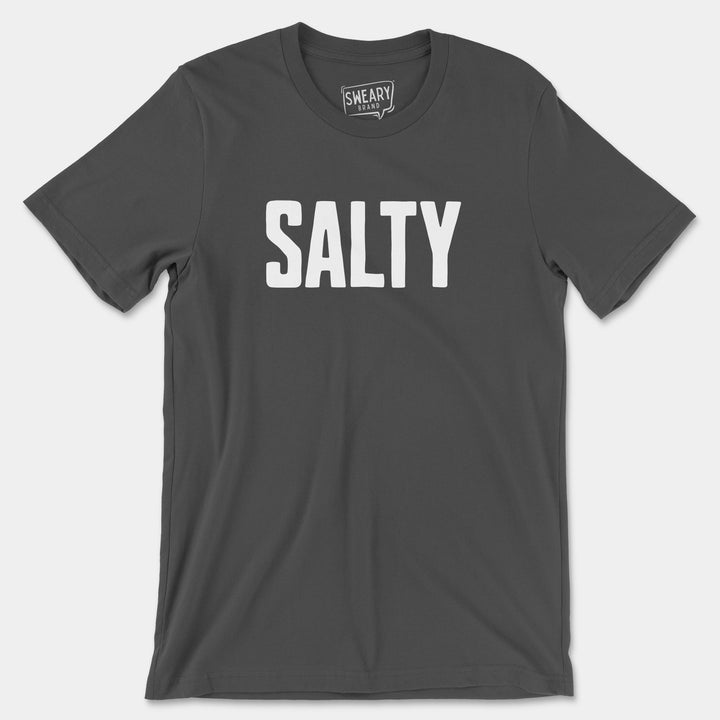 a t - shirt with the word salty printed on it