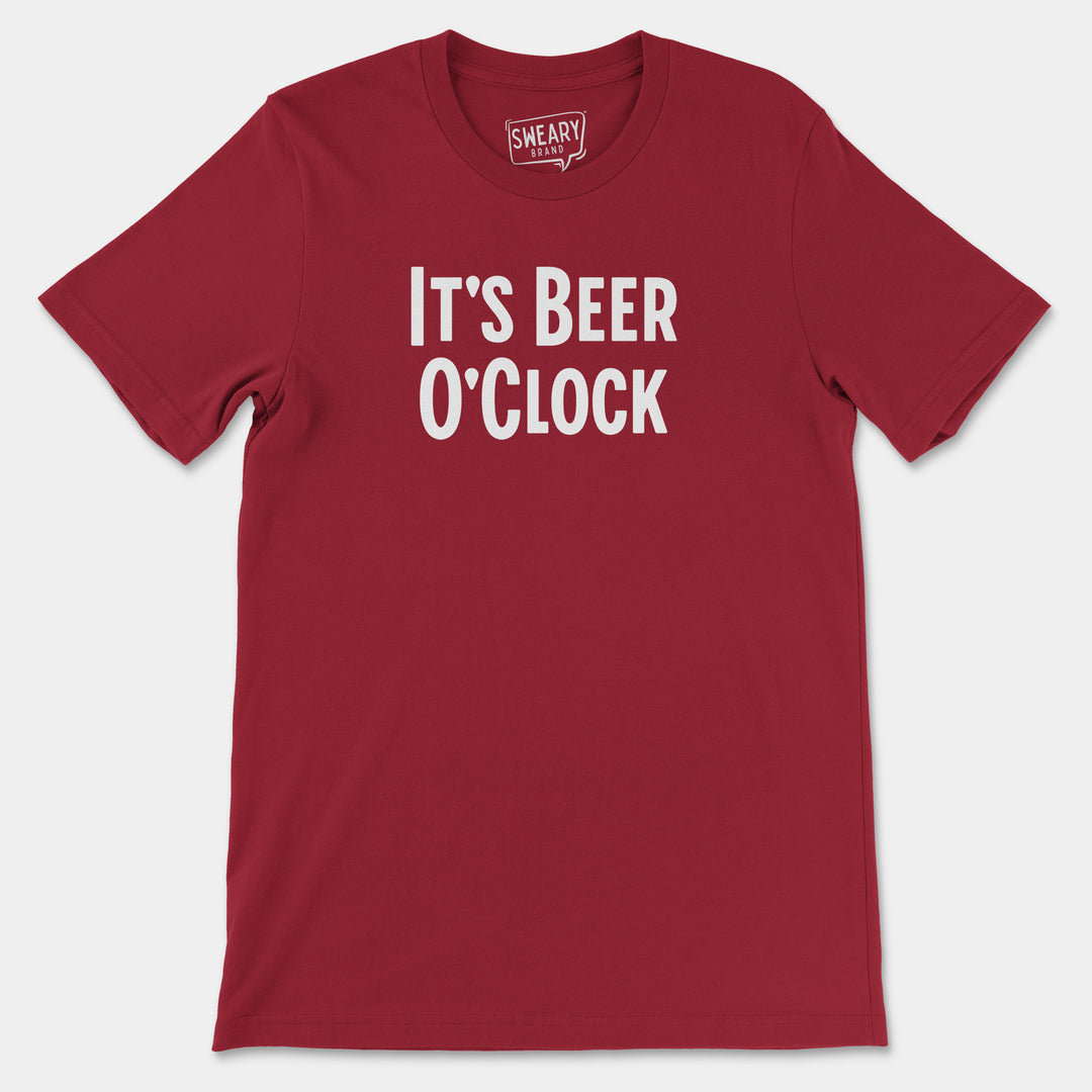 a red t - shirt that says it's beer o'clock