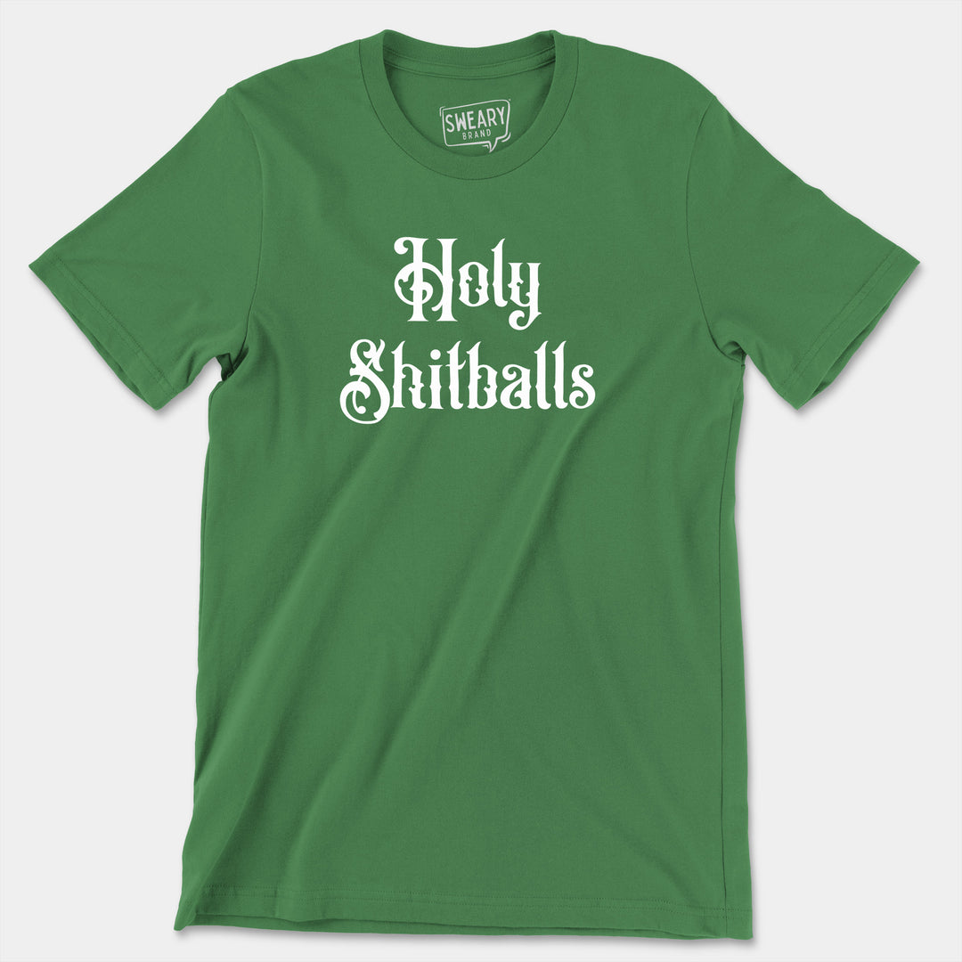 a green t - shirt that says holy shitballs