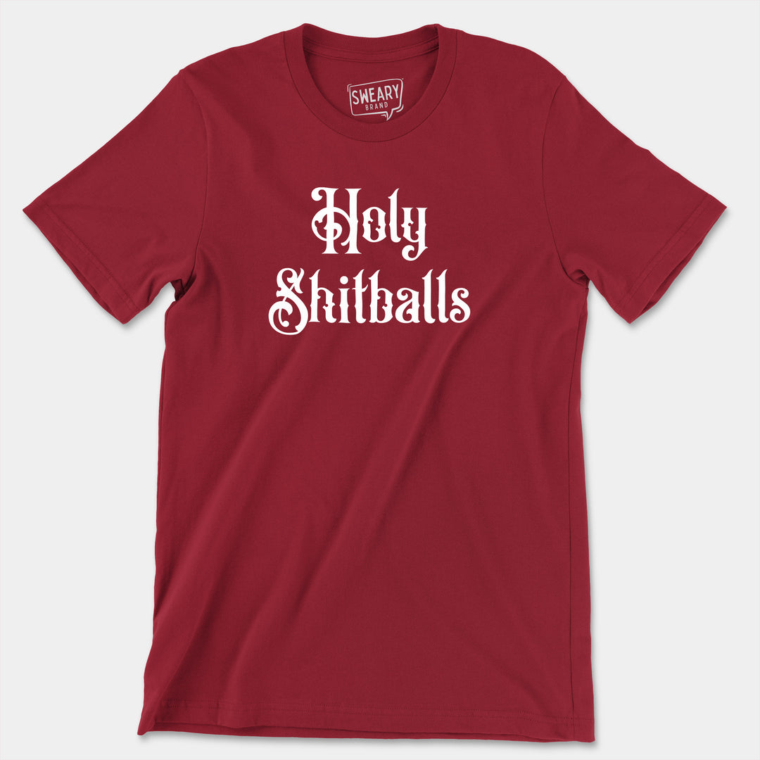 a red t - shirt with the words holy shitballs printed on it