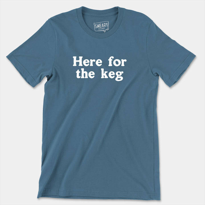 a blue t - shirt that says here for the leg