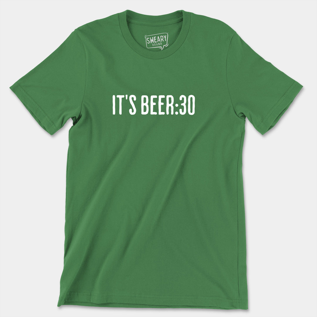 a green t - shirt that says it's beer 30