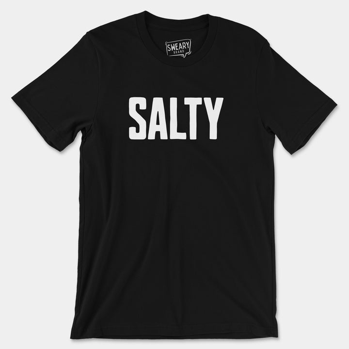 a black t - shirt with the word salty printed on it